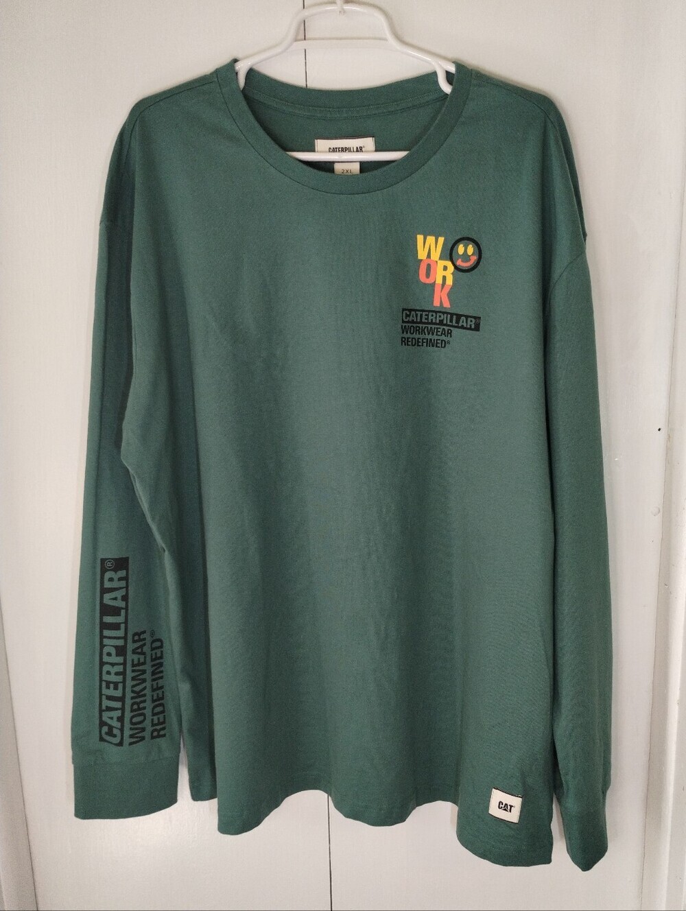 Caterpillar Forest Green Long Sleeve Graphic Tee with Yellow & Red Accents